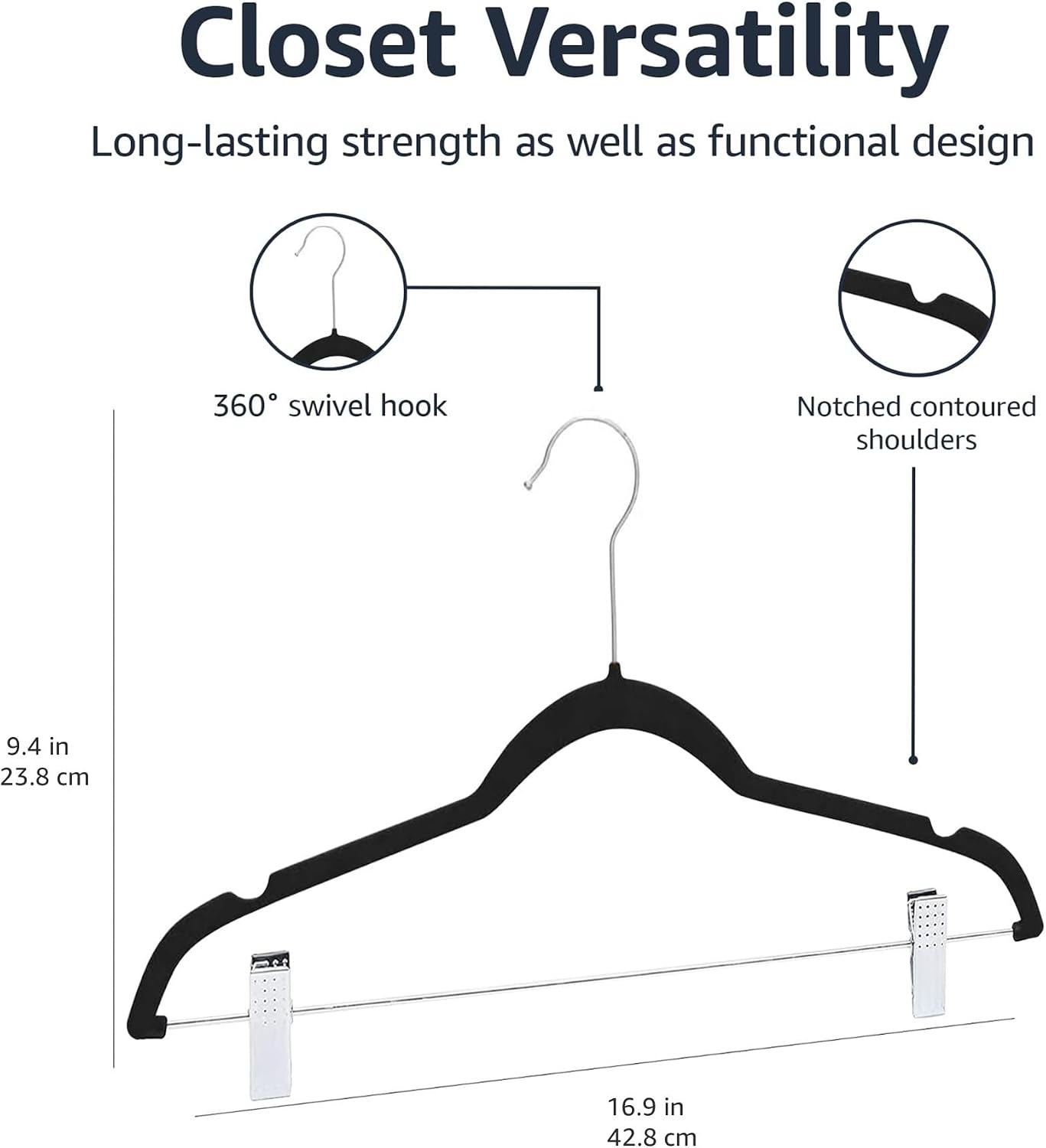 Amazon Basics Velvet Non-Slip Skirt Clothes Hangers with Clips. 360 Degree Rotatable Hook. Organize Pants and Skirts. Black/Silver. 24-Pack - Image 5