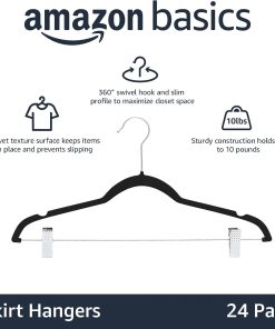 Alternative view of Amazon Basics Velvet Non-Slip Skirt Clothes Hangers with Clips. 360 Degree Rotatable Hook. Organize Pants and Skirts. Black/Silver. 24-Pack