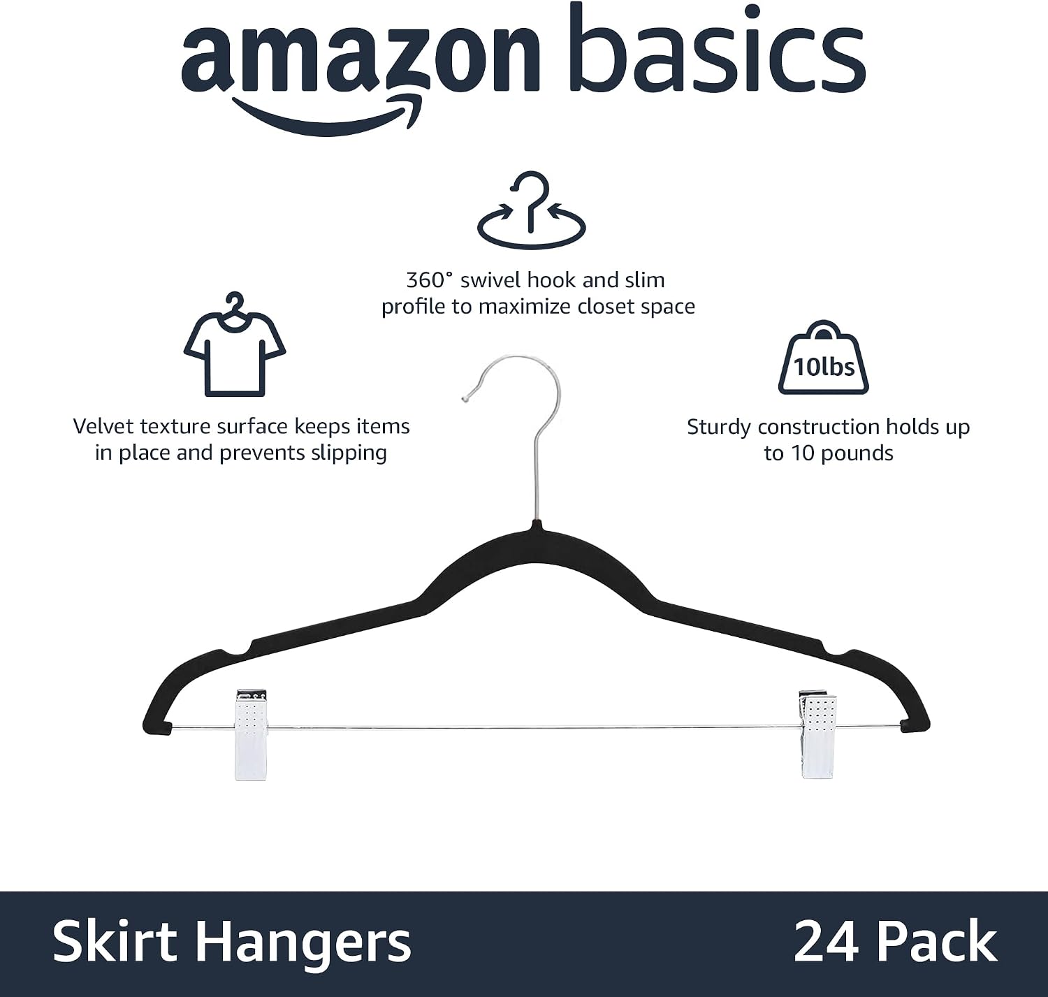 Amazon Basics Velvet Non-Slip Skirt Clothes Hangers with Clips. 360 Degree Rotatable Hook. Organize Pants and Skirts. Black/Silver. 24-Pack - Image 2