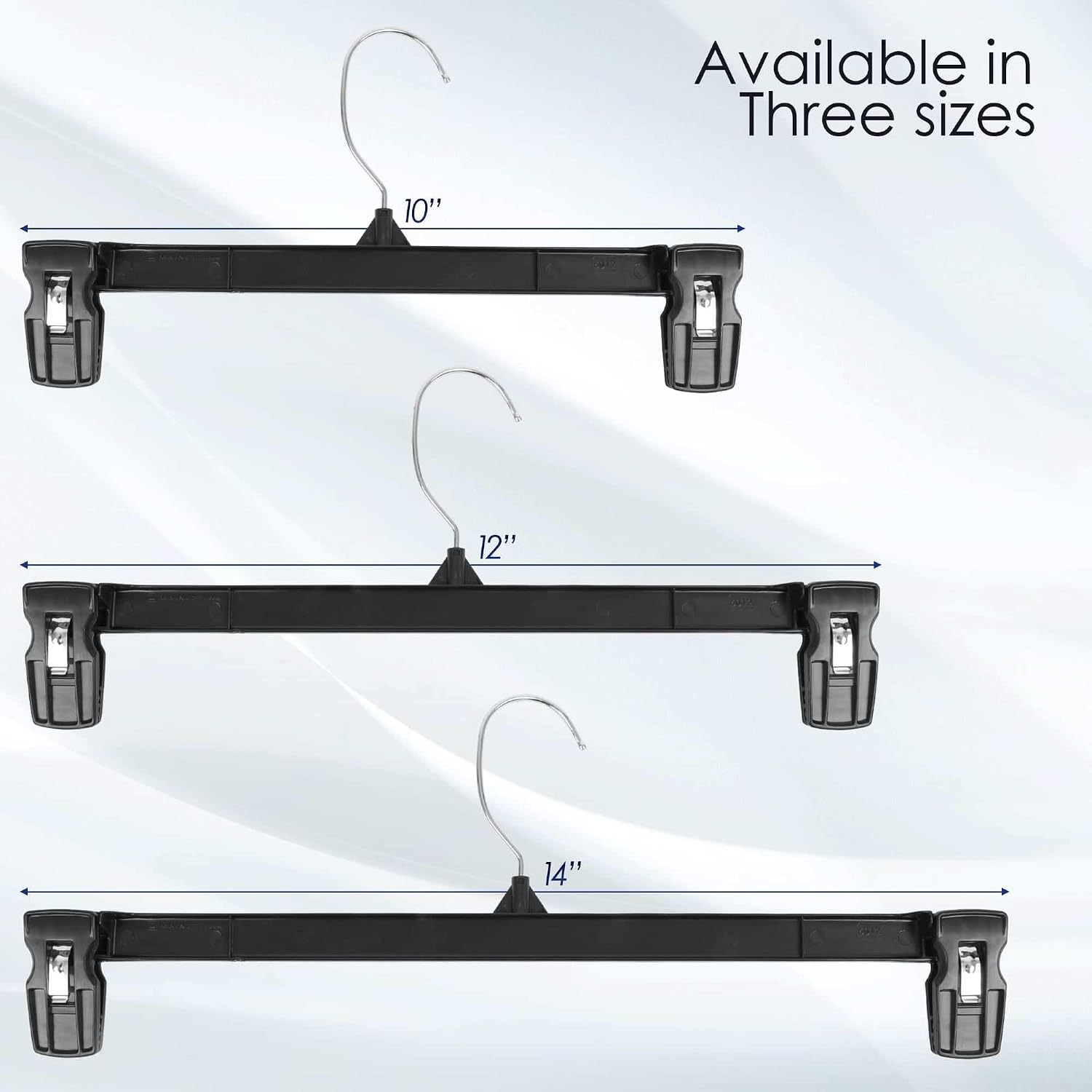 12 inch 30 Pack Pants Hangers Slim Plastic Clothes Hangers with Clips for Skirts. Shorts & Trousers – Non Slip Grip. Heavy Duty Space Saver with Swivel Hook – Black Closet Organizer - Image 8