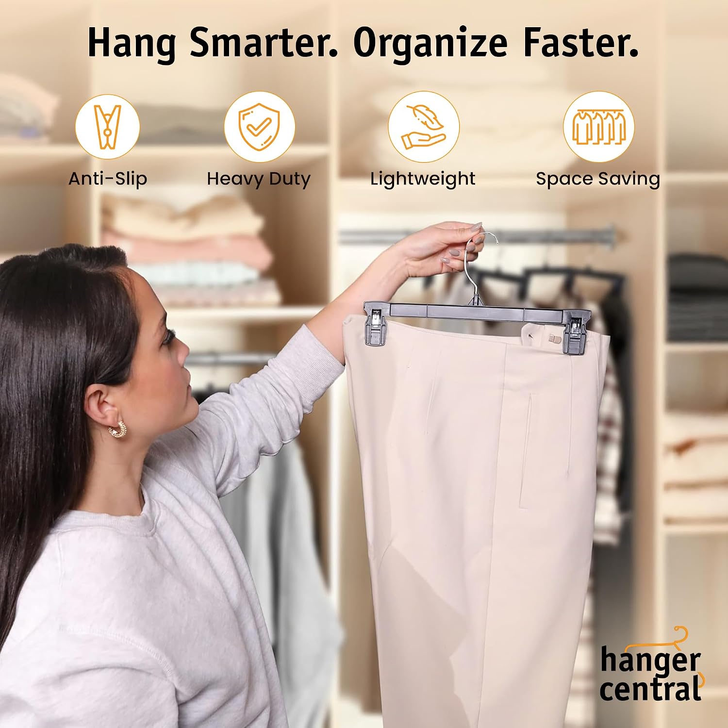 12 inch 30 Pack Pants Hangers Slim Plastic Clothes Hangers with Clips for Skirts. Shorts & Trousers – Non Slip Grip. Heavy Duty Space Saver with Swivel Hook – Black Closet Organizer - Image 2
