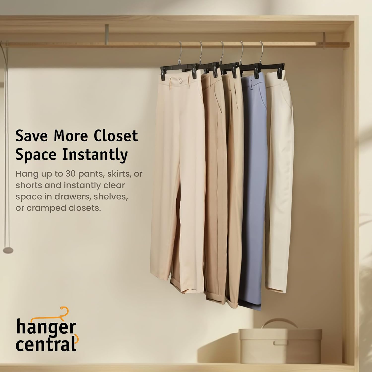 12 inch 30 Pack Pants Hangers Slim Plastic Clothes Hangers with Clips for Skirts. Shorts & Trousers – Non Slip Grip. Heavy Duty Space Saver with Swivel Hook – Black Closet Organizer - Image 4