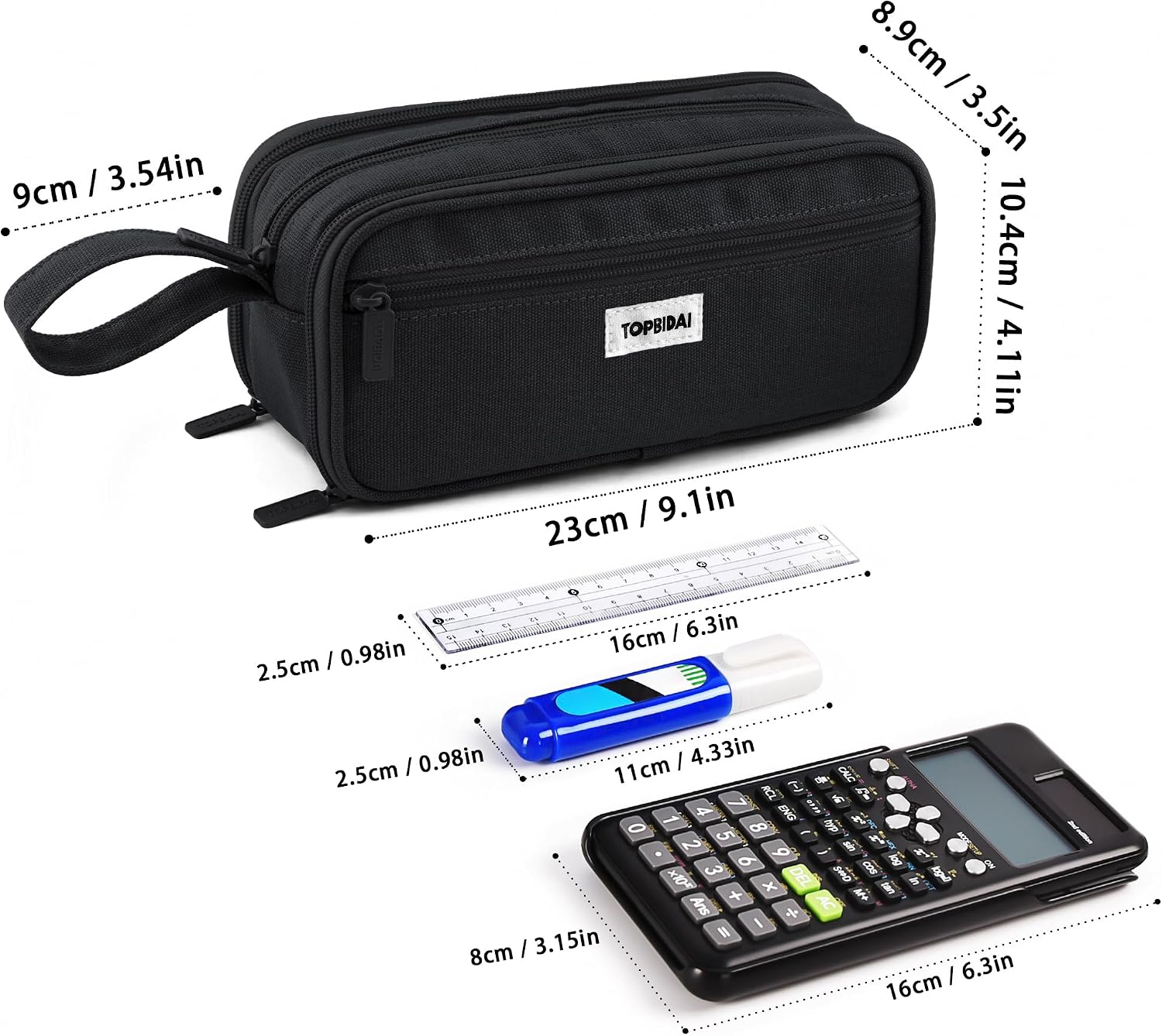 TOPBIDAI Large Pencil Case Pouch for Girls Boy Women Men Adults | Big Capacity Canvas Pencil Bag. Office School Supplies. Multi Compartment Zipper Stationery Pen Box (Coal Black) - Image 5