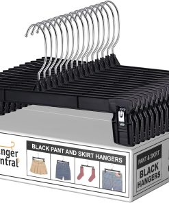 12 inch 30 Pack Pants Hangers Slim Plastic Clothes Hangers with Clips for Skirts. Shorts & Trousers – Non Slip Grip. Heavy Duty Space Saver with Swivel Hook – Black Closet Organizer
