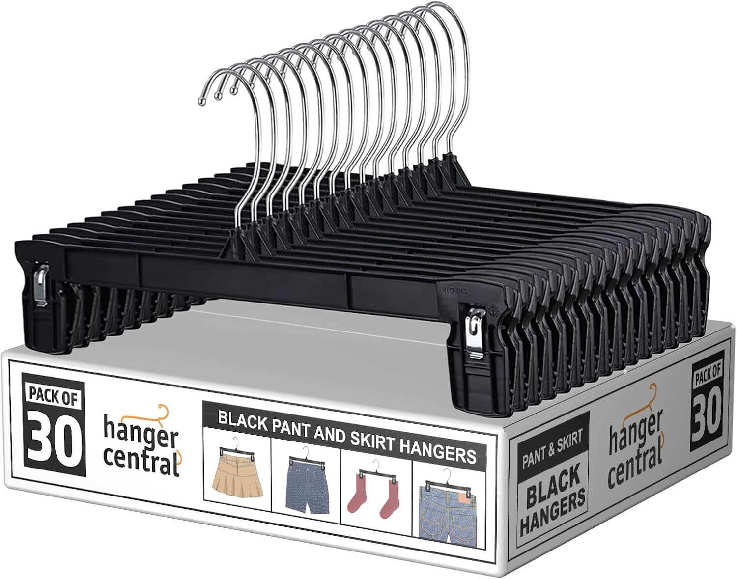 12 inch 30 Pack Pants Hangers Slim Plastic Clothes Hangers with Clips for Skirts. Shorts & Trousers – Non Slip Grip. Heavy Duty Space Saver with Swivel Hook – Black Closet Organizer