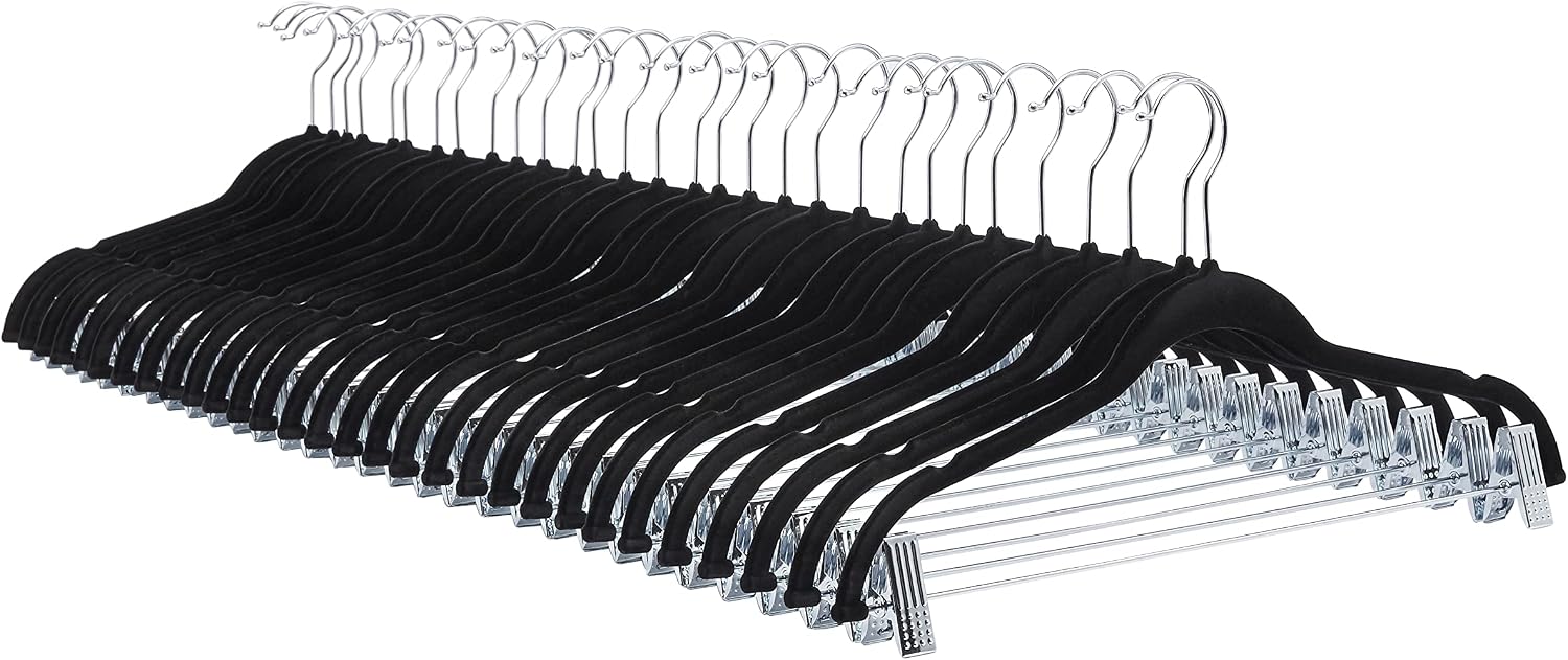 Amazon Basics Velvet Non-Slip Skirt Clothes Hangers with Clips. 360 Degree Rotatable Hook. Organize Pants and Skirts. Black/Silver. 24-Pack