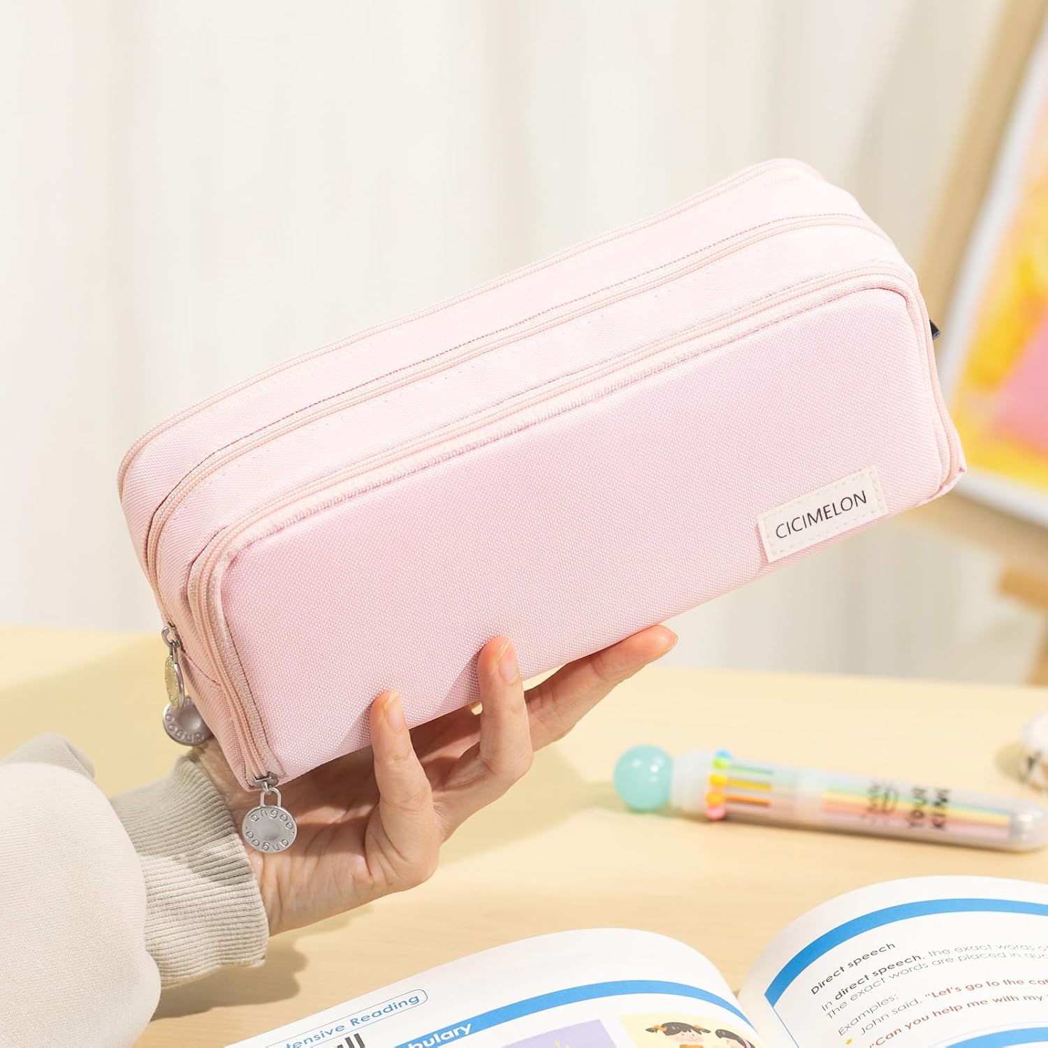 CICIMELON Large Capacity Pencil Case 3 Compartment Pouch Pen Bag for School Teen Girl Boy Men Women (Pink) - Image 2