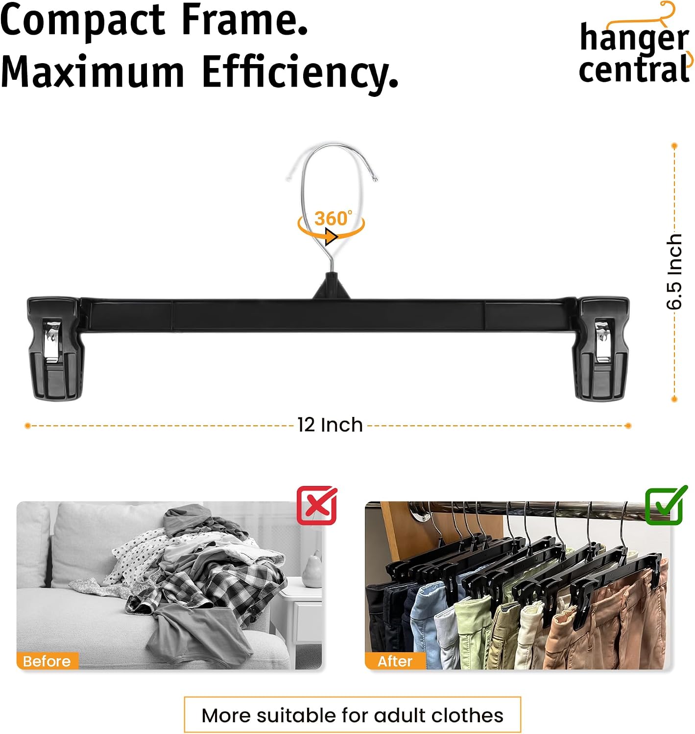 12 inch 30 Pack Pants Hangers Slim Plastic Clothes Hangers with Clips for Skirts. Shorts & Trousers – Non Slip Grip. Heavy Duty Space Saver with Swivel Hook – Black Closet Organizer - Image 3