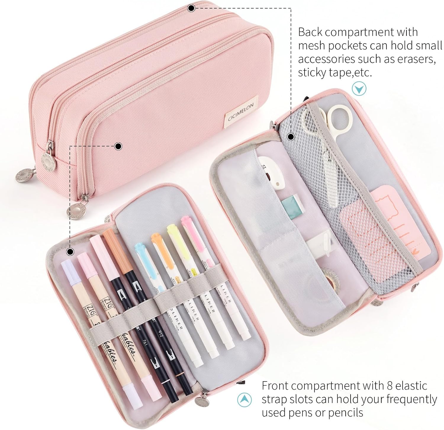 CICIMELON Large Capacity Pencil Case 3 Compartment Pouch Pen Bag for School Teen Girl Boy Men Women (Pink) - Image 4