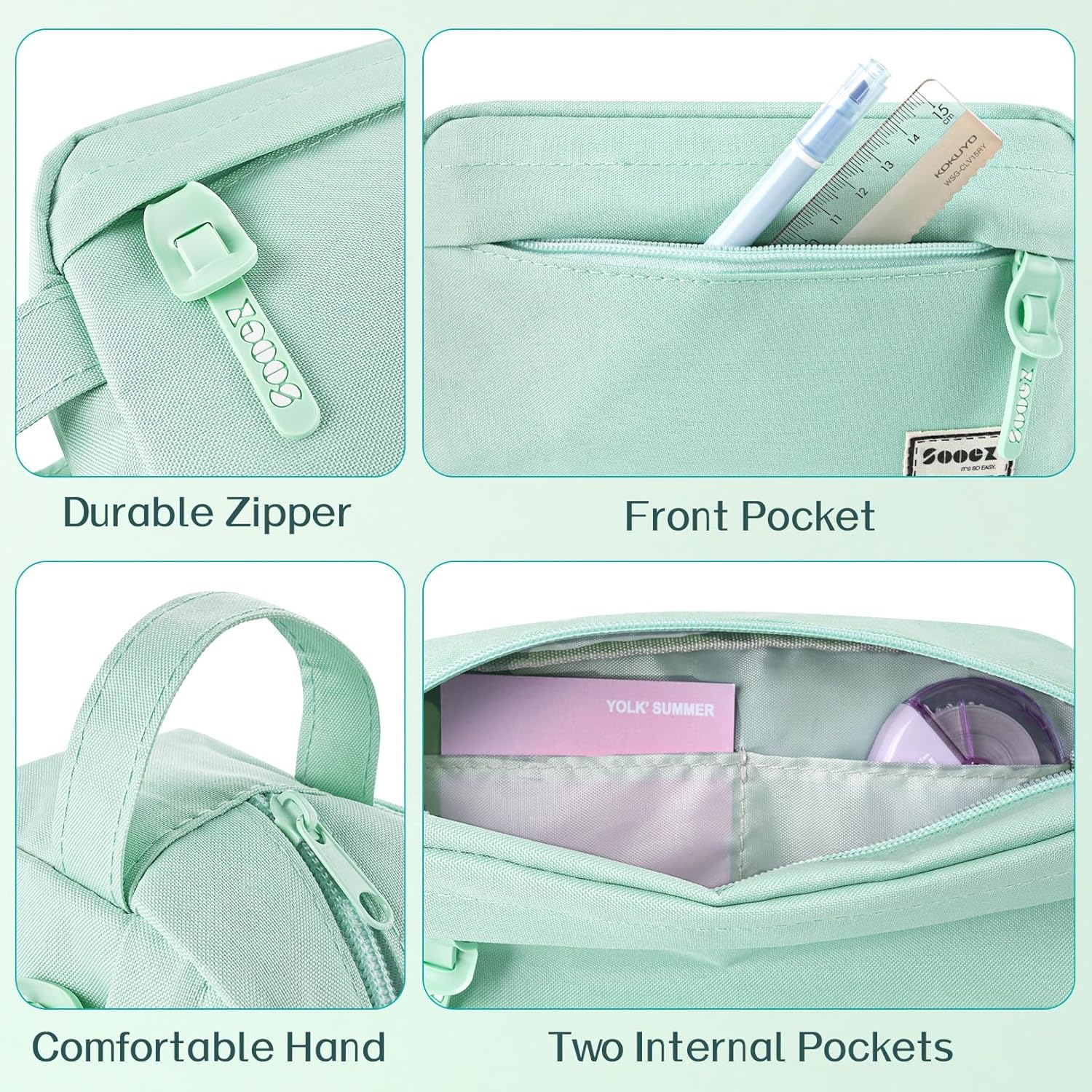 Sooez Original High Capacity Pencil Case. Big Pencil Bag Pouch Box Organizer Pen Case. Aesthetic Supply for Girls Adults. Portable Journaling Supplies with Easy Grip Handle & Loop. Mint Green - Image 4