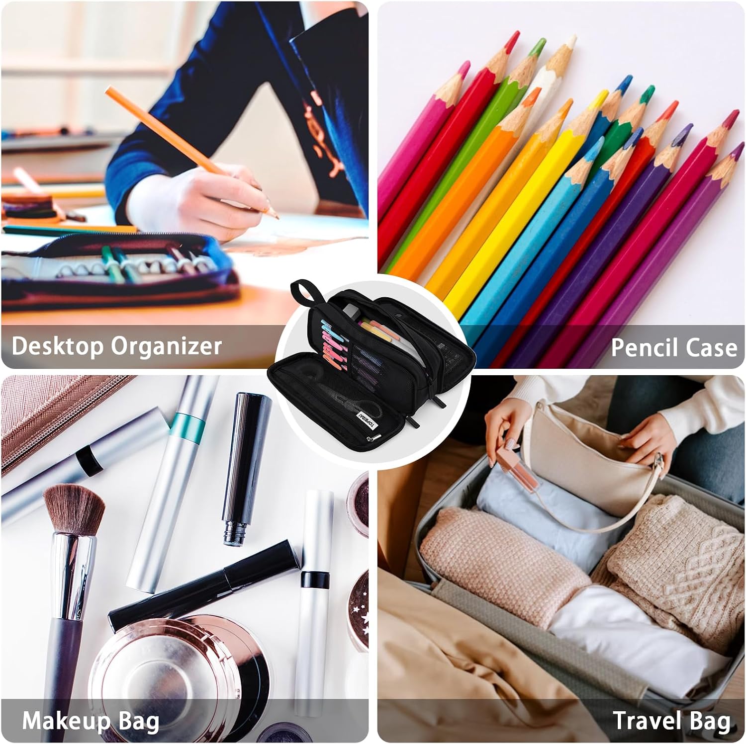 TOPBIDAI Large Pencil Case Pouch for Girls Boy Women Men Adults | Big Capacity Canvas Pencil Bag. Office School Supplies. Multi Compartment Zipper Stationery Pen Box (Coal Black) - Image 8