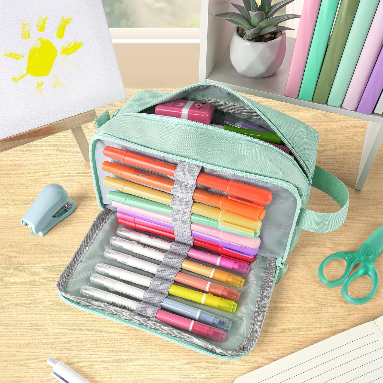 Sooez Original High Capacity Pencil Case. Big Pencil Bag Pouch Box Organizer Pen Case. Aesthetic Supply for Girls Adults. Portable Journaling Supplies with Easy Grip Handle & Loop. Mint Green - Image 2