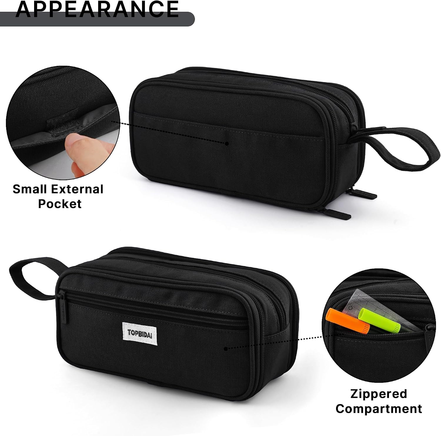 TOPBIDAI Large Pencil Case Pouch for Girls Boy Women Men Adults | Big Capacity Canvas Pencil Bag. Office School Supplies. Multi Compartment Zipper Stationery Pen Box (Coal Black) - Image 4