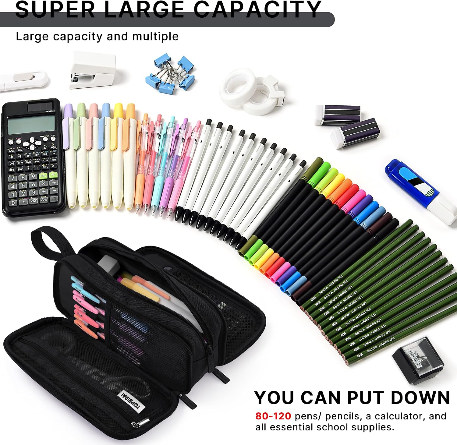 TOPBIDAI Large Pencil Case Pouch for Girls Boy Women Men Adults | Big Capacity Canvas Pencil Bag. Office School Supplies. Multi Compartment Zipper Stationery Pen Box (Coal Black) - Image 2