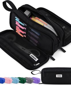 TOPBIDAI Large Pencil Case Pouch for Girls Boy Women Men Adults | Big Capacity Canvas Pencil Bag. Office School Supplies. Multi Compartment Zipper Stationery Pen Box (Coal Black)