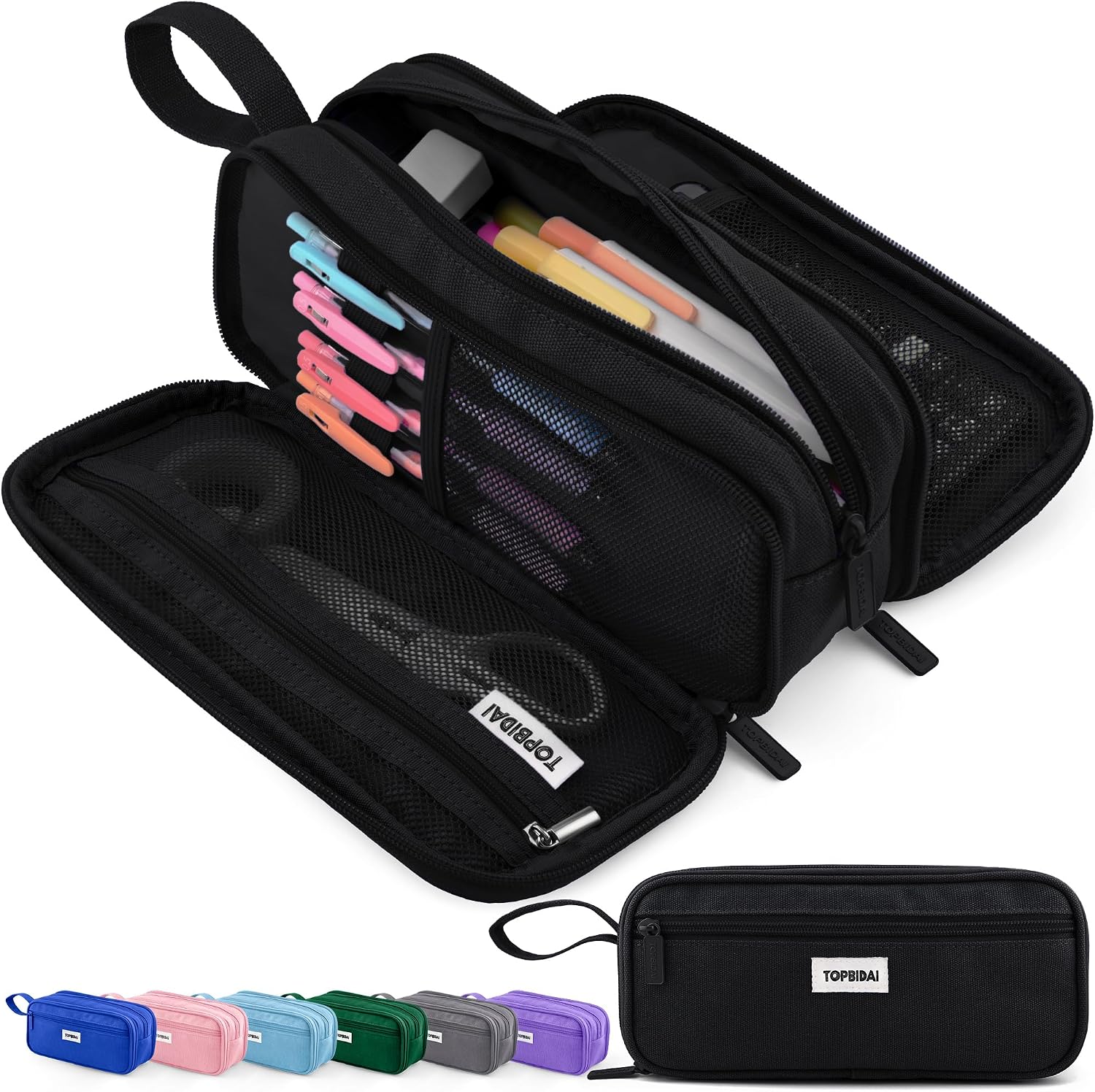 TOPBIDAI Large Pencil Case Pouch for Girls Boy Women Men Adults | Big Capacity Canvas Pencil Bag. Office School Supplies. Multi Compartment Zipper Stationery Pen Box (Coal Black)