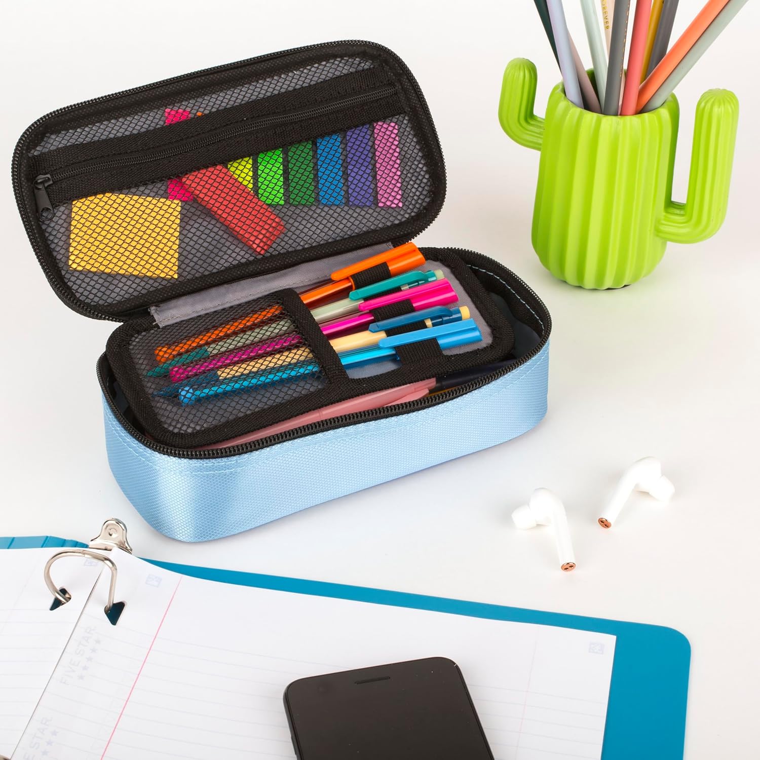 Five Star Pencil Pouch. Pen Case. High-Capacity Zipper Pouch. Storage Organizer for School Supplies Earbuds Chargers Cables Makeup. Blue/Denim (500212F-ECM) - Image 6