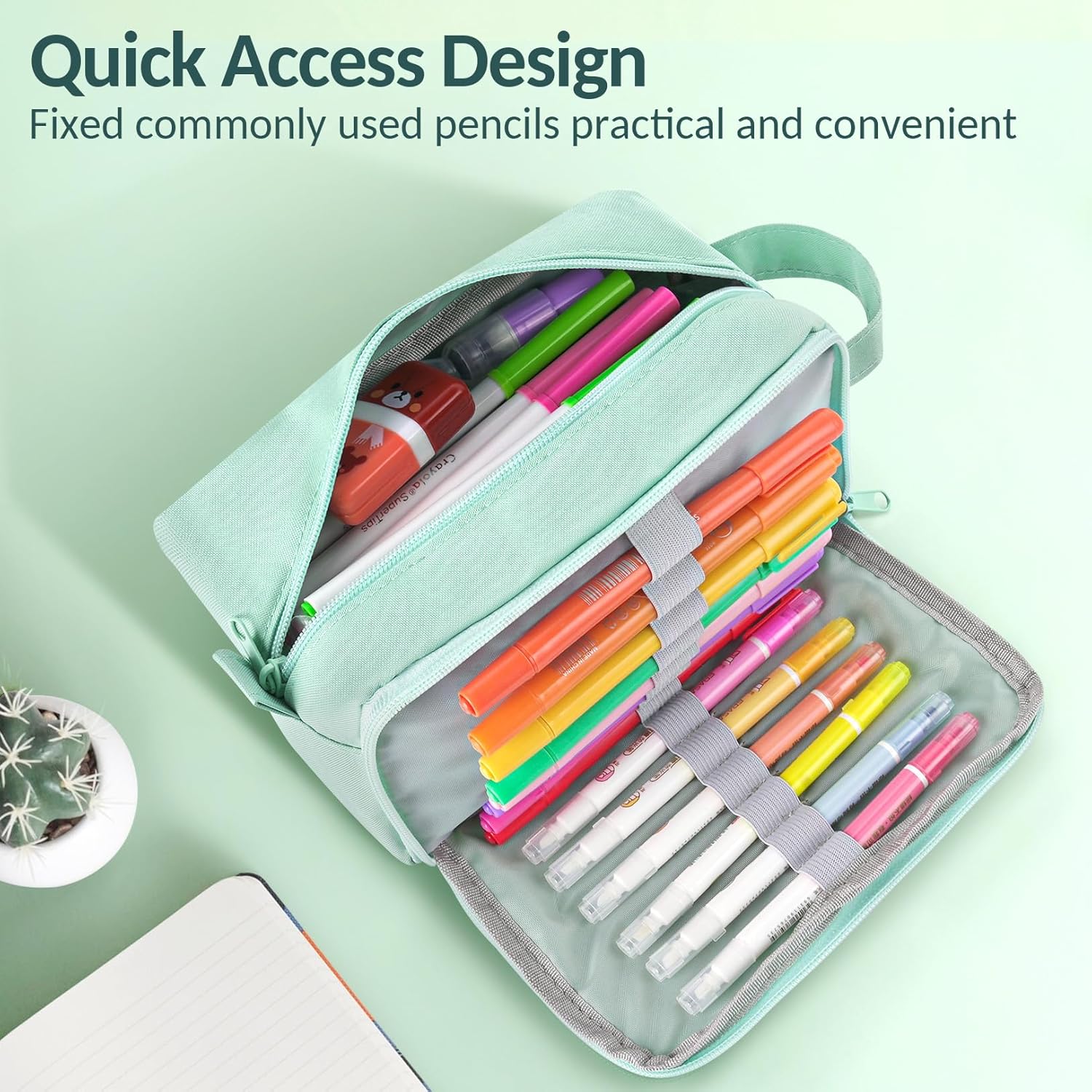 Sooez Original High Capacity Pencil Case. Big Pencil Bag Pouch Box Organizer Pen Case. Aesthetic Supply for Girls Adults. Portable Journaling Supplies with Easy Grip Handle & Loop. Mint Green - Image 3
