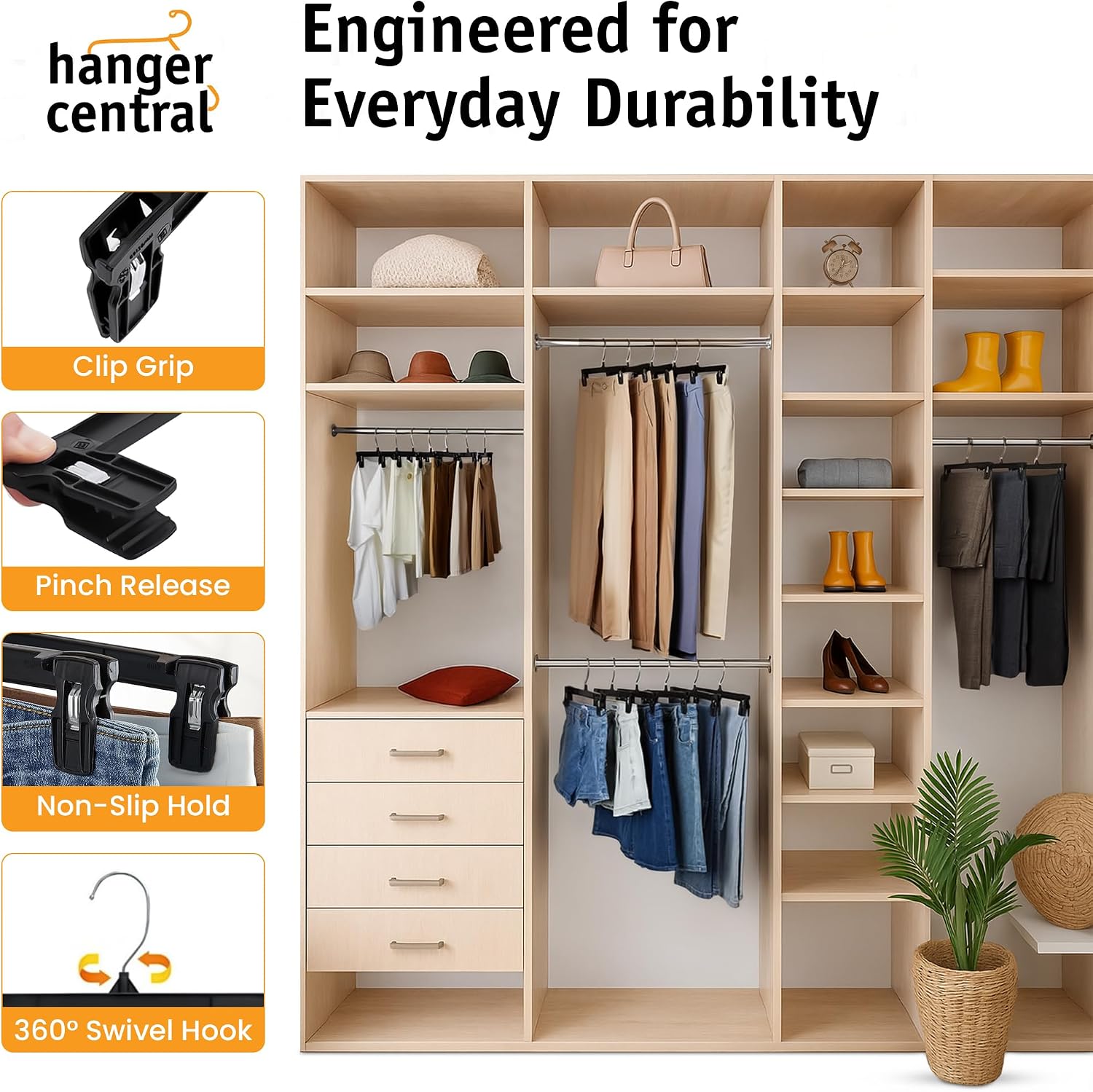 12 inch 30 Pack Pants Hangers Slim Plastic Clothes Hangers with Clips for Skirts. Shorts & Trousers – Non Slip Grip. Heavy Duty Space Saver with Swivel Hook – Black Closet Organizer - Image 5