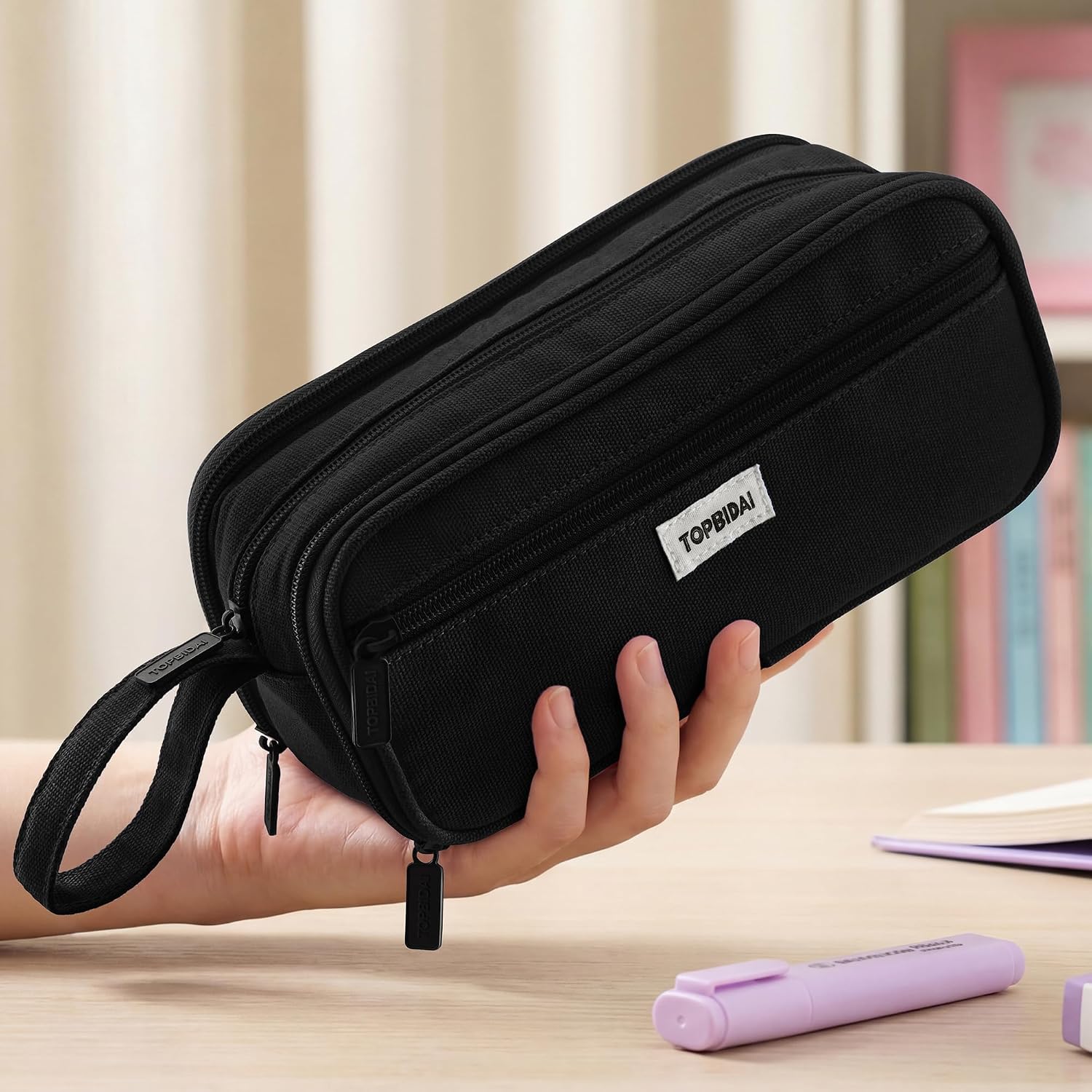 TOPBIDAI Large Pencil Case Pouch for Girls Boy Women Men Adults | Big Capacity Canvas Pencil Bag. Office School Supplies. Multi Compartment Zipper Stationery Pen Box (Coal Black) - Image 6