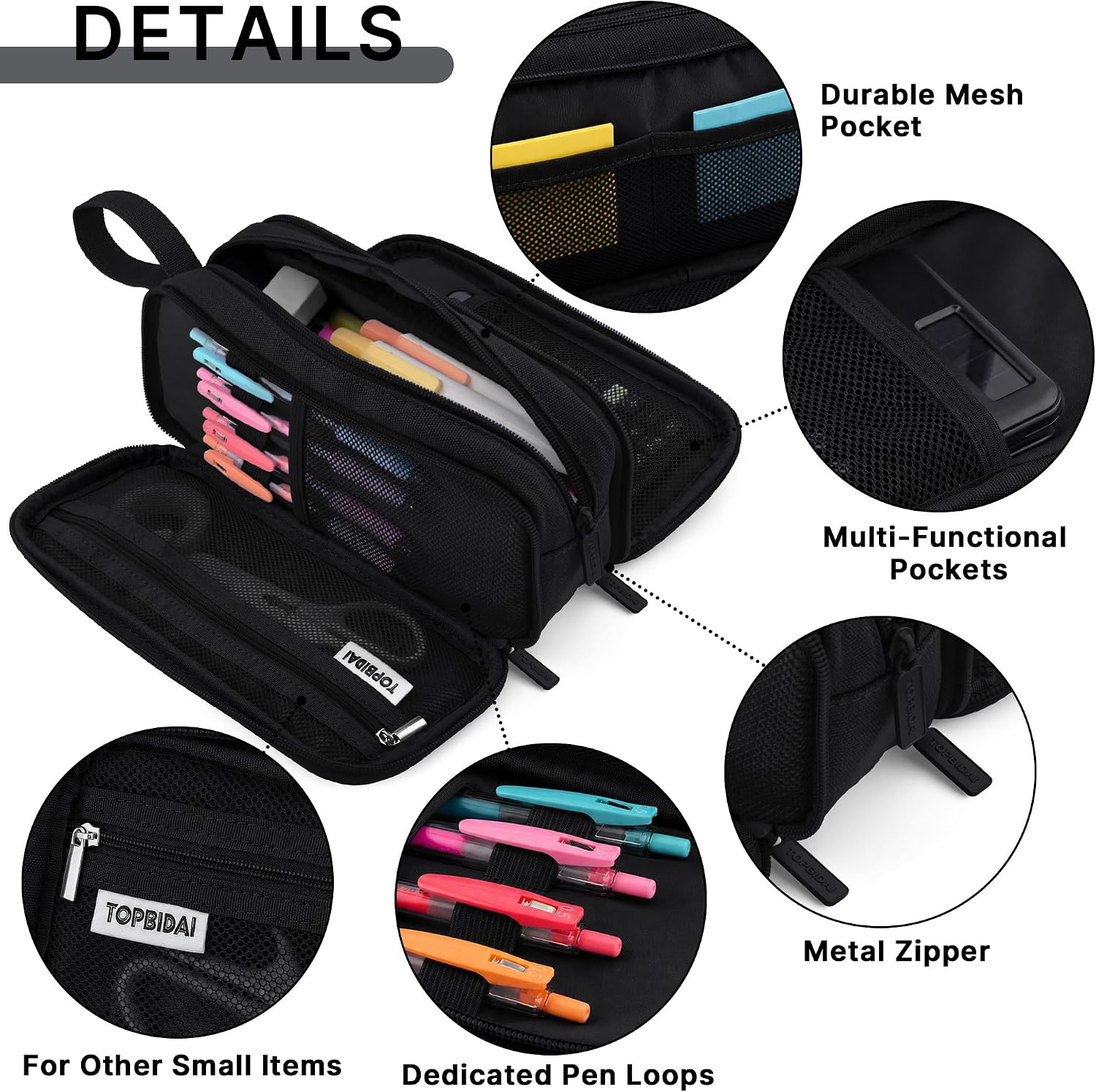 TOPBIDAI Large Pencil Case Pouch for Girls Boy Women Men Adults | Big Capacity Canvas Pencil Bag. Office School Supplies. Multi Compartment Zipper Stationery Pen Box (Coal Black) - Image 3
