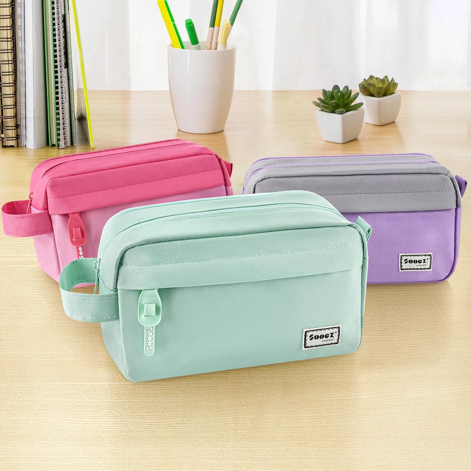 Sooez Original High Capacity Pencil Case. Big Pencil Bag Pouch Box Organizer Pen Case. Aesthetic Supply for Girls Adults. Portable Journaling Supplies with Easy Grip Handle & Loop. Mint Green - Image 5